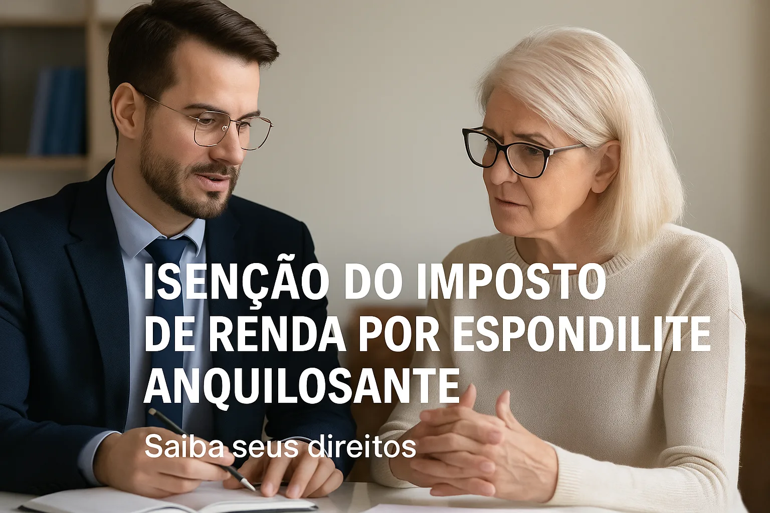 Pessoa idosa recebendo orientações jurídicas sobre isenção do imposto de renda por espondilite anquilosante