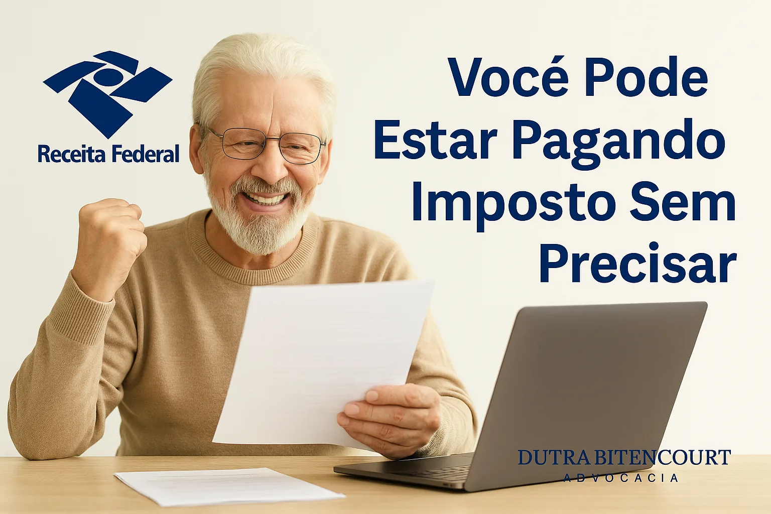 Idoso comemorando isenção do imposto de renda por doença grave com apoio de escritório jurídico