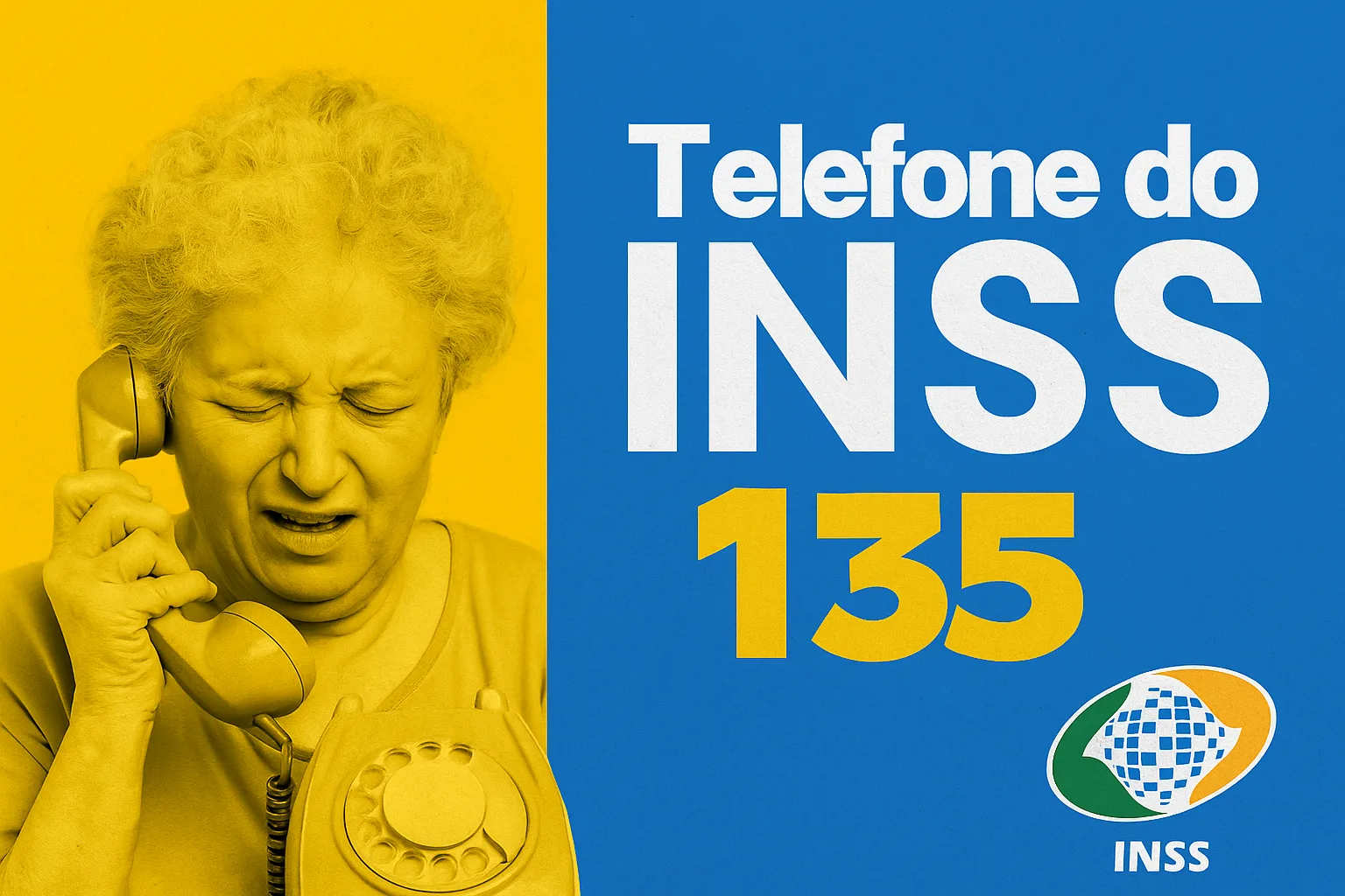 Mulher idosa irritada segurando o telefone, ao lado do selo "Telefone do INSS 135" com as cores oficiais do INSS.